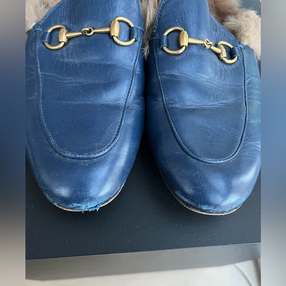 Women's Gucci Blue Princetown Leather Loafers With Fur size 38 1/2 - Picture 2 of 5